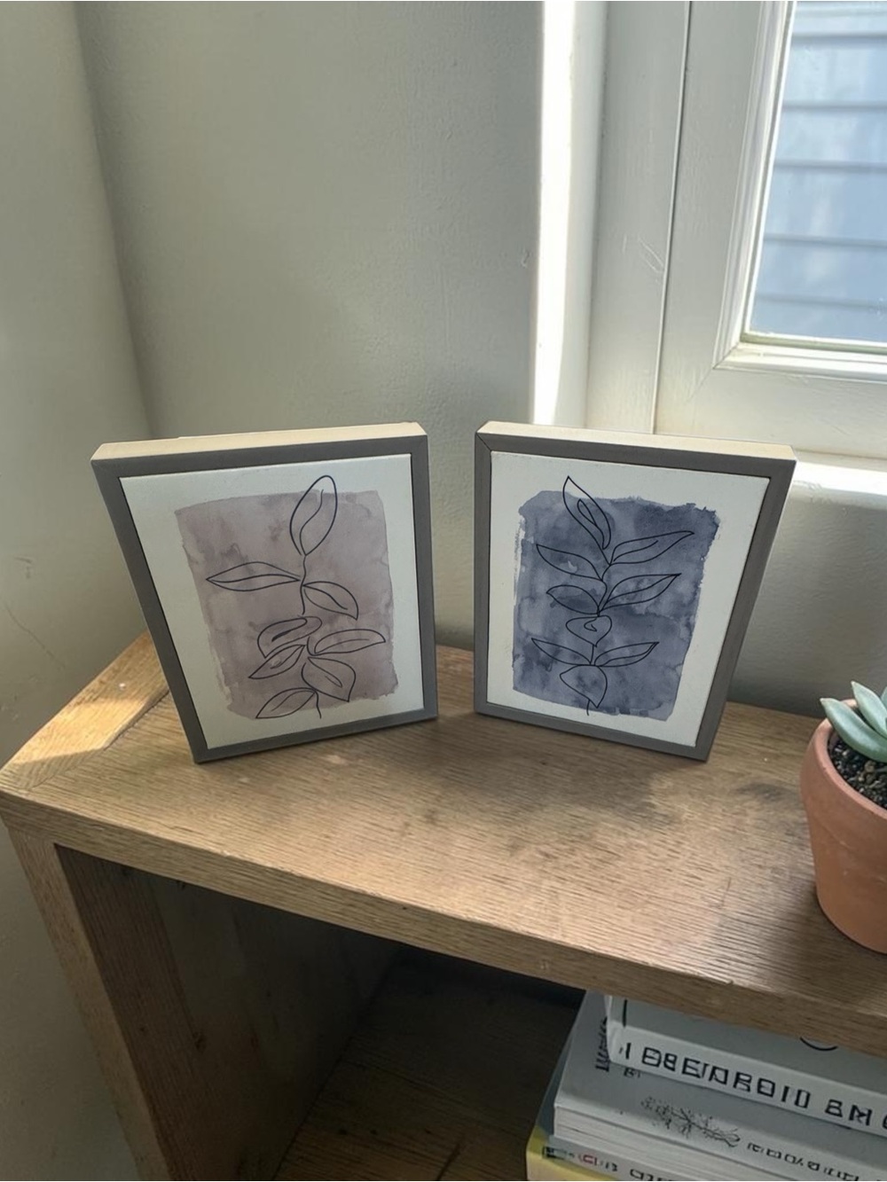 Set of 2 Wood & Canvas Minimalist Leaf Paintings